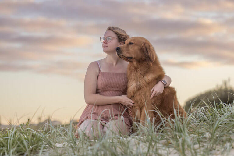 Golden Retriever with Mum Sand Dune One Mile Beach Forster Great Lakes NSW Non Compressed 768x512